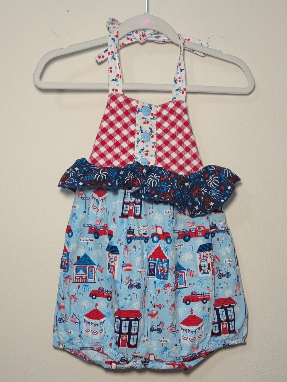 Ricrac & Ruffles Patriotic Halter Bubble Romper Red White Blue Gingham Size 2T